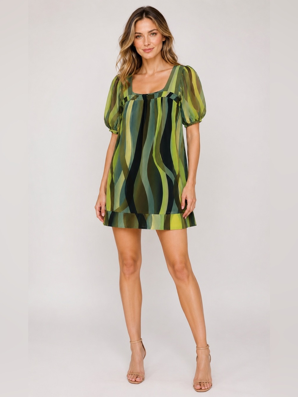 Weston Wear Dress Large Green Brown Lined Sheer Puff Sleeve Anthropologie USA L